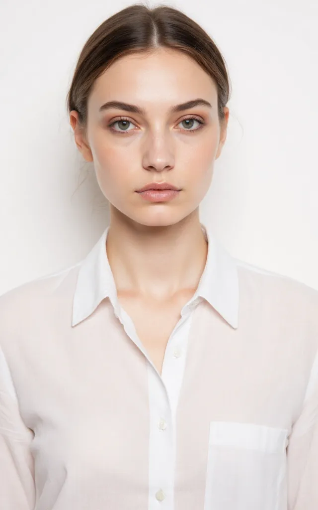 A French female model with an Ombre makeup style, wearing a shirt, against a white background, in a front   facing bust portrait